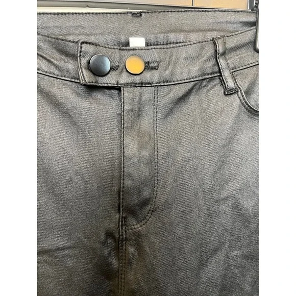 Black Coated Faux Leather High Rise Skinny Pants Double Button Stretch L - Picture 5 of 12